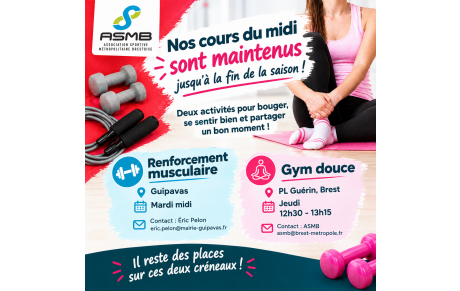 Renforcement musculaire à Guipavas et gym douce à Brest : les cours sont maintenus jusqu’à la fin de saison !